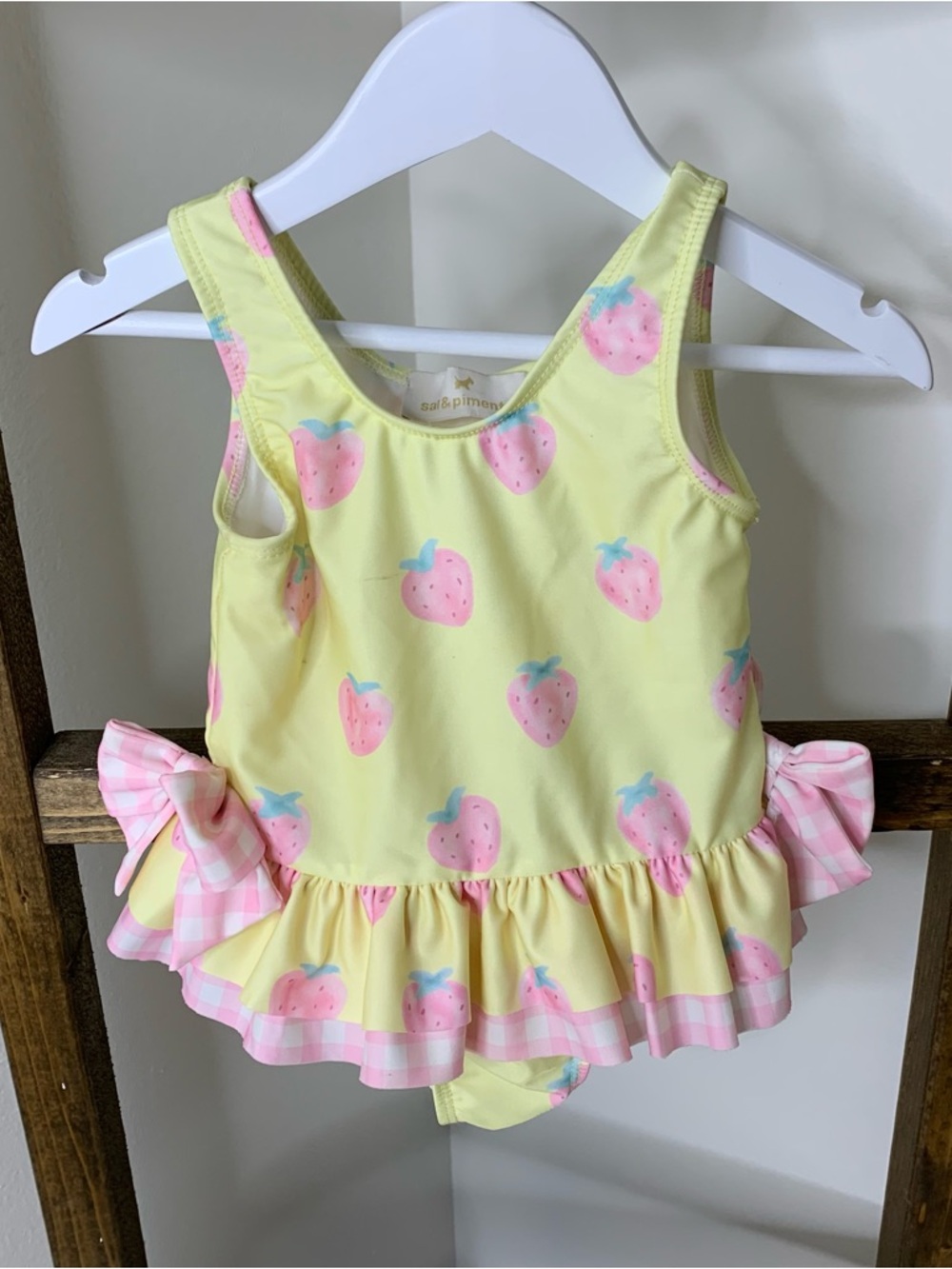Sal & Pimenta Yellow Strawberry Print Ruffle One-Piece Swimsuit Size 18M